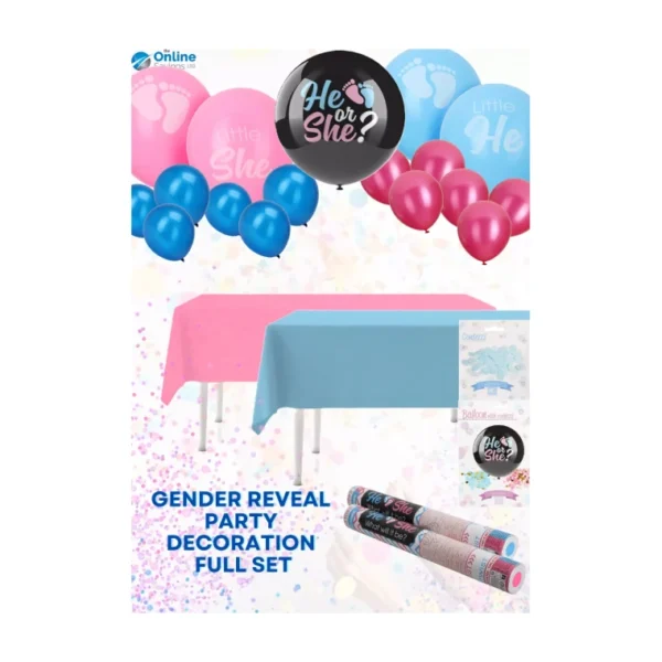 GENDER REVEAL BABY SHOWER SET PARTY DECORATION BALLOONS CONFETTI TABLECLOTH