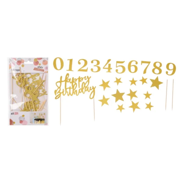 42PCS GOLD CAKE TOPPER DECORATION SET of 42 PCS PARTY HAPPY BIRTHAY STAR NUMBERS - Image 2
