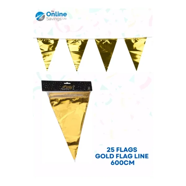 600CM FLAG LINE GOLD FOR PARTY WEDDINGS BABY SHOWER GRADUATION DECOR - 25 FLAGS