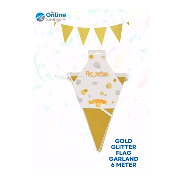 6 METER GOLD GLITTER FLAG GARLAND BUNTING LINE PARTY EVENT DECOR SURPRISE 6M