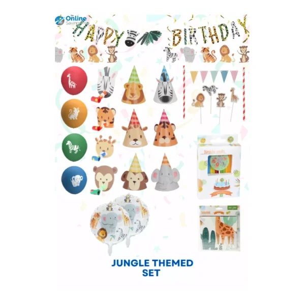 58PCS SET JUNGLE ANIMAL PARTY OF BALLOONS PAPER GARLAND HATS CAKETOPPER BIRTHDAY