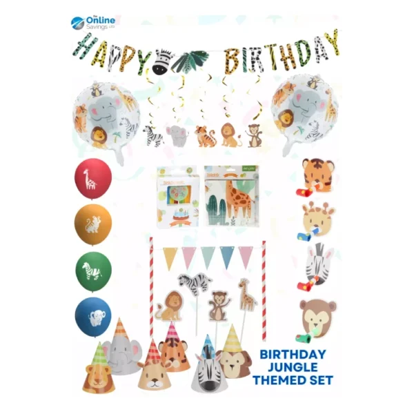 58PCS SET JUNGLE ANIMAL PARTY OF BALLOONS PAPER GARLAND HATS CAKETOPPER BIRTHDAY - Image 2