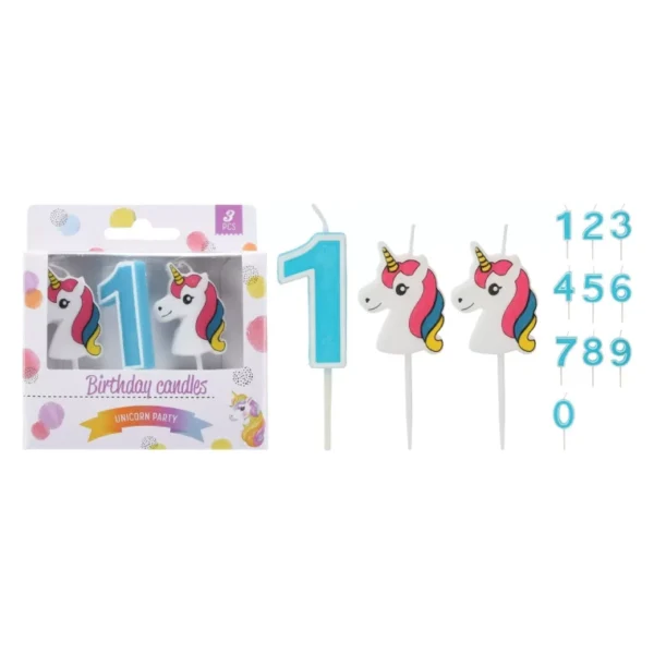 UNICORN BIRTHDAY NUMBER CANDLES 0 TO 9 CAKE TOPPER DECOR PARTY BIRTHDAY - 3PCS