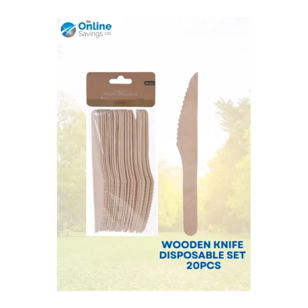 20PCS CAMPING DISPOSABLE WOODEN SET KNIVES FORKS SPOONS CUTLERY ECO FRIENDLY - Image 2
