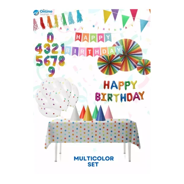 MULTICOLOR BIRTHDAY DECOR 24PCS SET BALLOONS BUNTING NUMBERS HATS TABLECLOTH