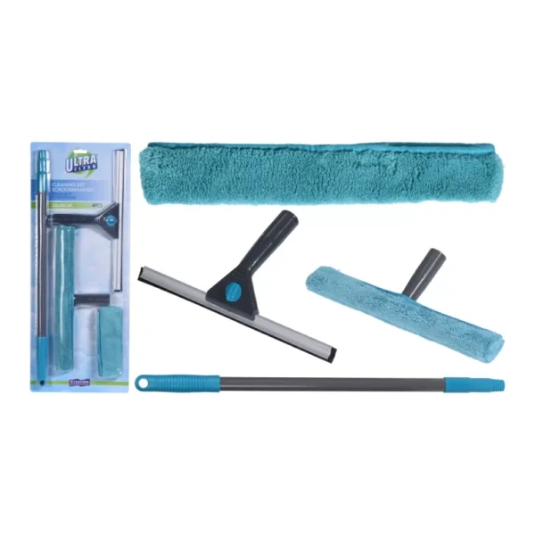 Window Cleaning Set Telescopic Mop Pole Squeegee Windows Washer 4Pc - Turquoise